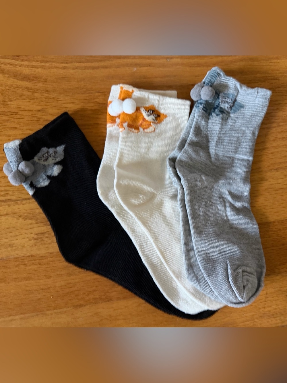 Three Pairs Cute Cat Crew Socks with pom poms balls- Gray, Cream, Black